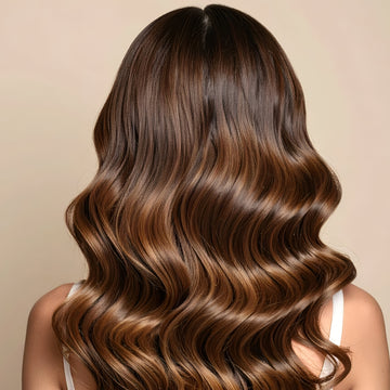 Woman with wavy brown hair on a beige background